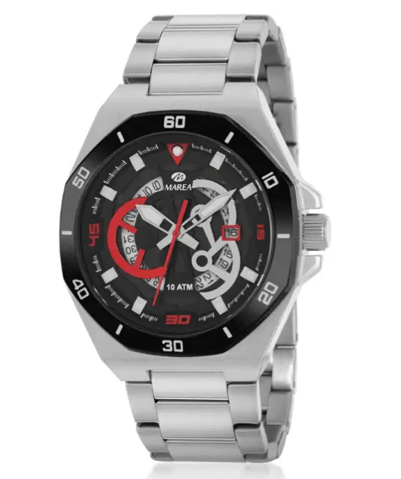 Reloj Mecánico Marea watches, plateado con detalles rojos y negros