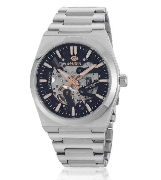 Reloj Mecánico Plata con detalles azules y morados