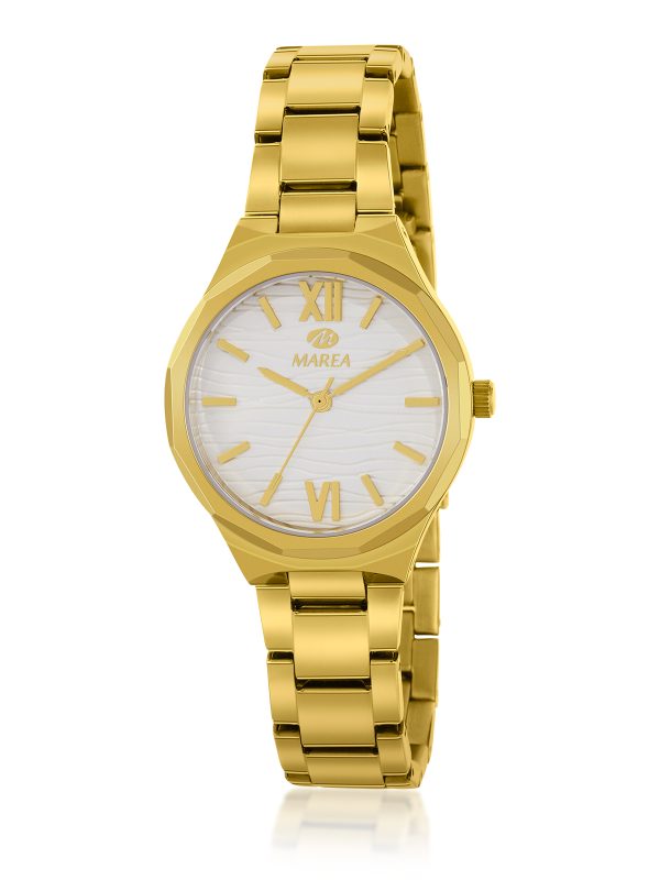 Reloj dorado y blanco